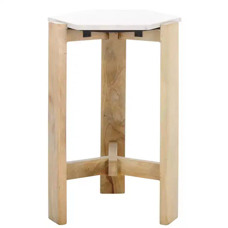 Table d'appoint hexagonale en marbre blanc et bois beige, 1 pièce