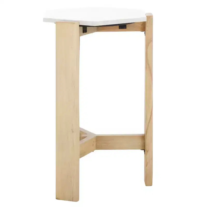 Table d'appoint hexagonale en marbre blanc et bois beige, 1 pièce