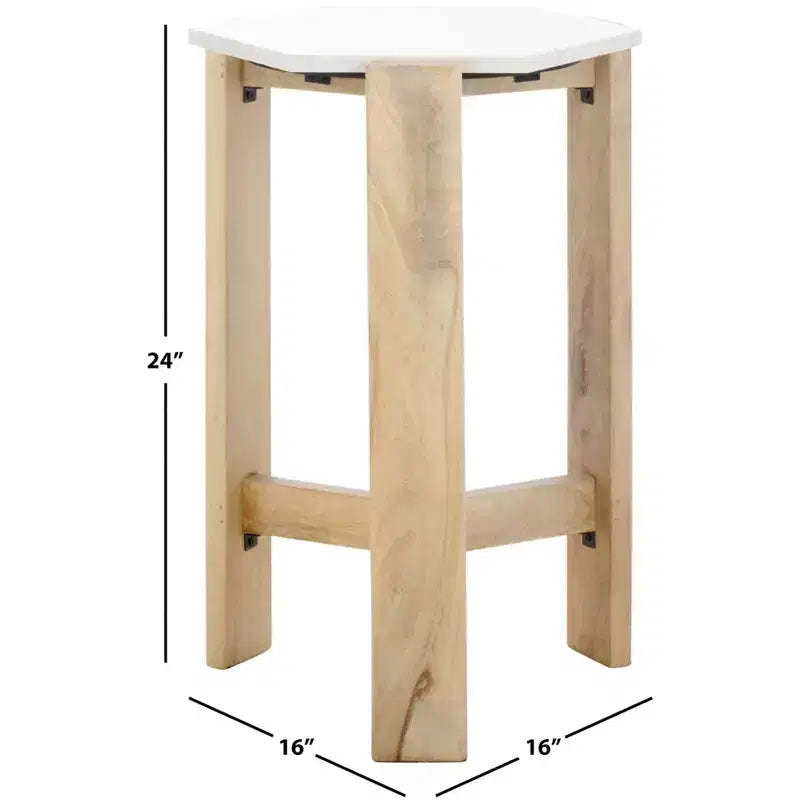 Table d'appoint hexagonale en marbre blanc et bois beige, 1 pièce