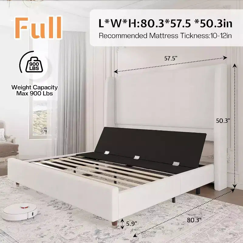 Cadre de lit double blanc réglable avec tête de lit rembourrée de 127 cm, pour 1 personne