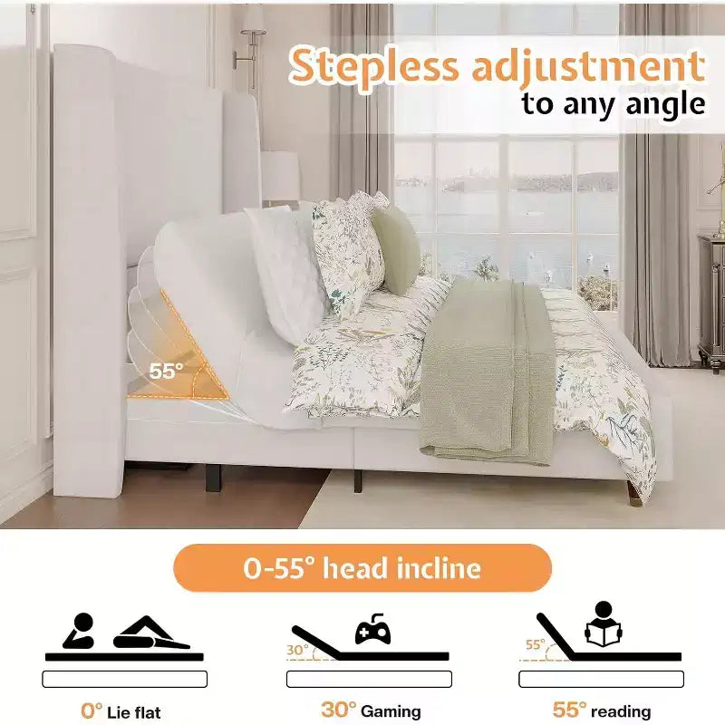 Cadre de lit double blanc réglable avec tête de lit rembourrée de 127 cm, pour 1 personne