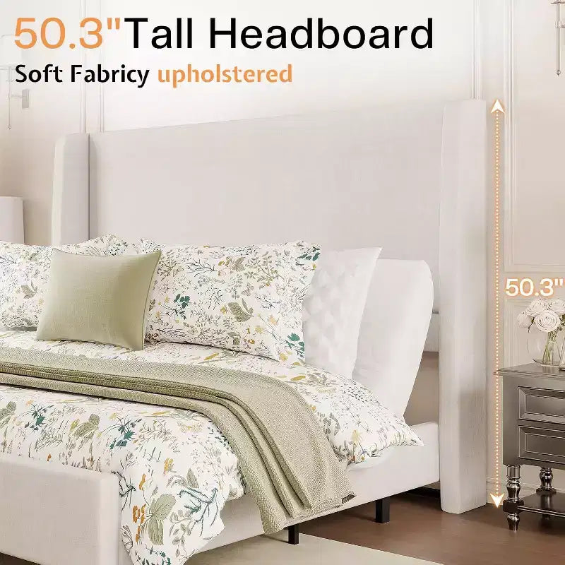 Cadre de lit double blanc réglable avec tête de lit rembourrée de 127 cm, pour 1 personne