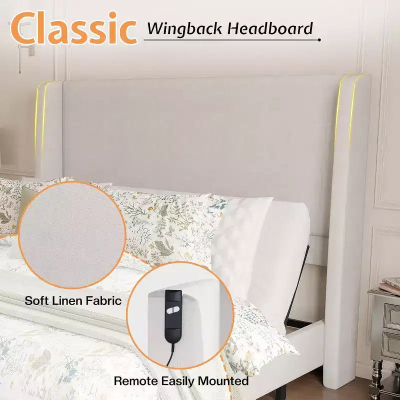 Cadre de lit double blanc réglable avec tête de lit rembourrée de 127 cm, pour 1 personne