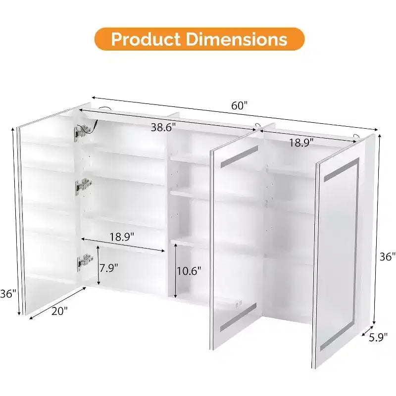 Armoire de toilette à pharmacie murale à LED de 60" x 36" à 3 portes, simple