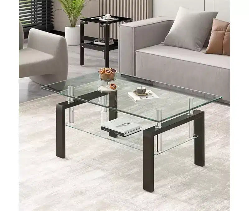 Table basse rectangulaire en verre transparent à 2 niveaux