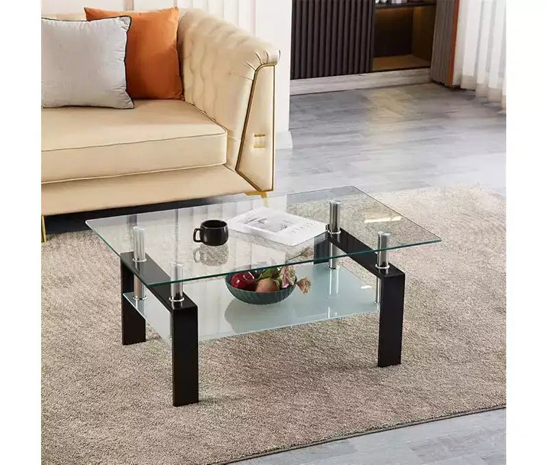 Table basse rectangulaire en verre transparent à 2 niveaux