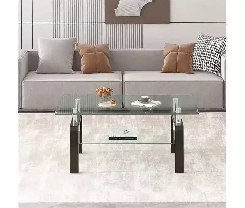 Table basse rectangulaire en verre transparent à 2 niveaux