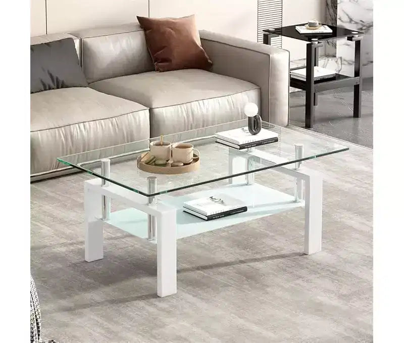 Table basse rectangulaire en verre transparent à 2 niveaux