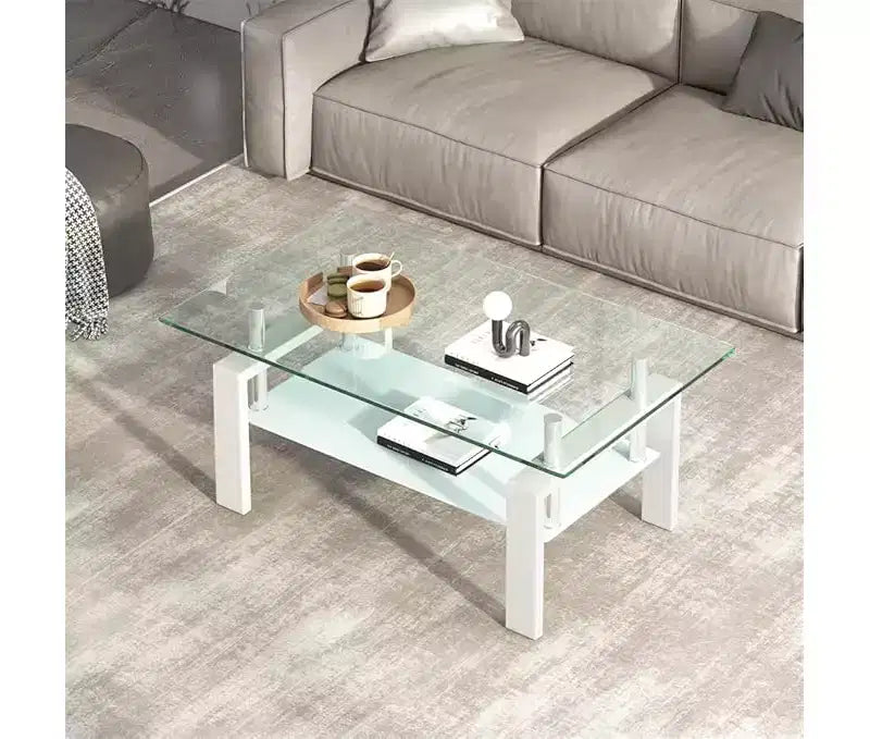 Table basse rectangulaire en verre transparent à 2 niveaux