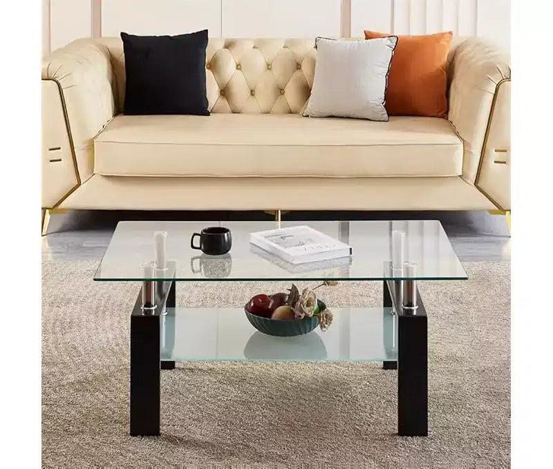 Table basse rectangulaire en verre transparent à 2 niveaux