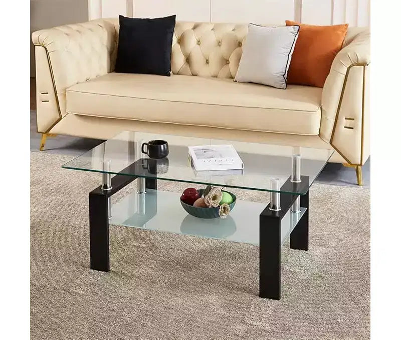 Table basse rectangulaire en verre transparent à 2 niveaux