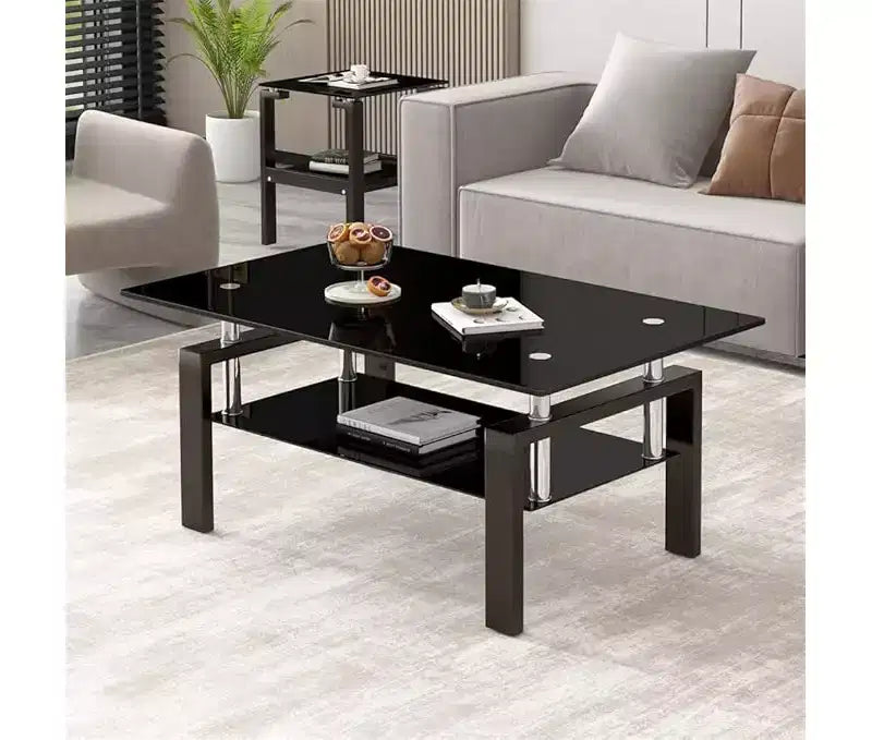 Table basse rectangulaire en verre transparent à 2 niveaux