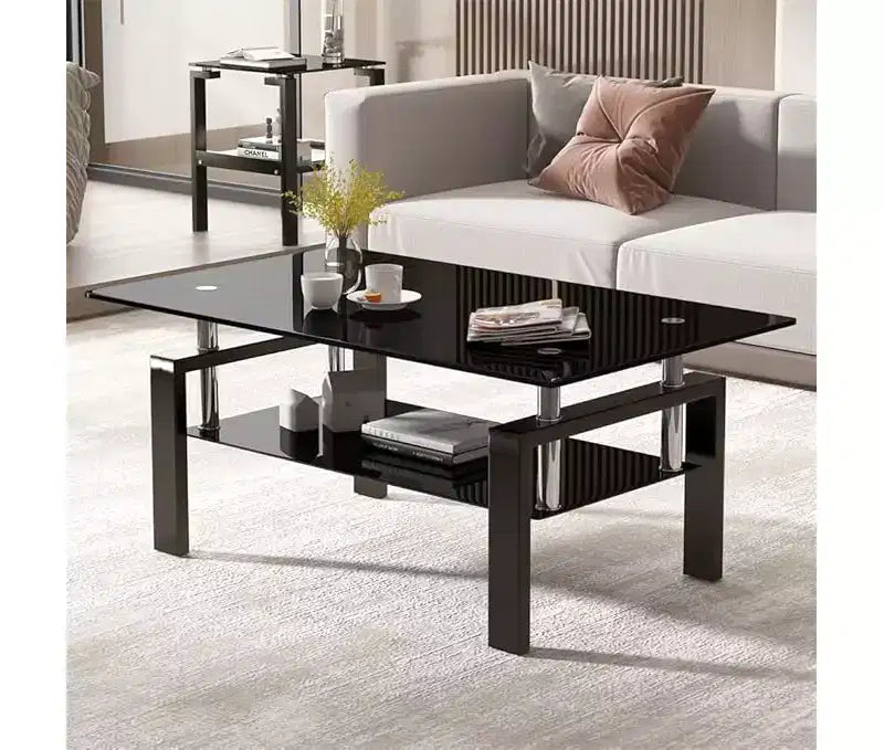 Table basse rectangulaire en verre transparent à 2 niveaux