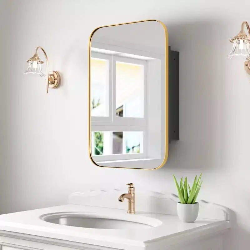 Armoire de toilette rectangulaire dorée avec miroir, simple, 3 étagères
