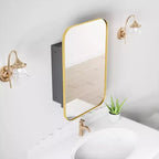 Armoire de toilette rectangulaire dorée avec miroir, simple, 3 étagères