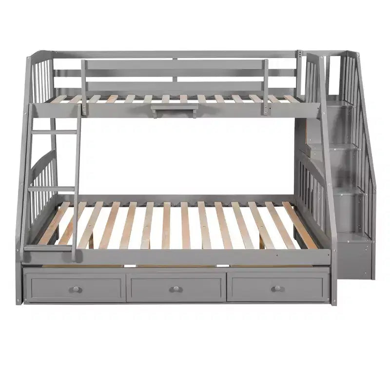 Lit superposé espresso, double sur intégral, avec escalier de rangement et tiroirs, 2 couchages