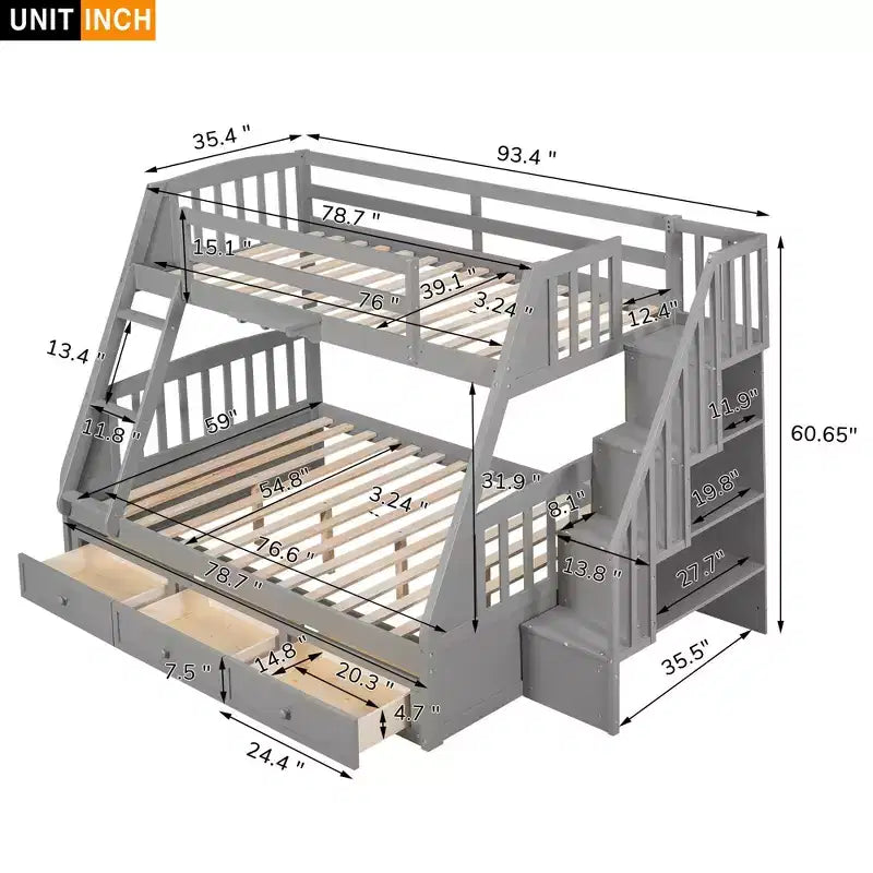 Lit superposé espresso, double sur intégral, avec escalier de rangement et tiroirs, 2 couchages