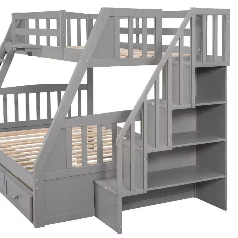 Lit superposé espresso, double sur intégral, avec escalier de rangement et tiroirs, 2 couchages