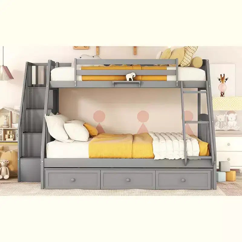 Lit superposé espresso, double sur intégral, avec escalier de rangement et tiroirs, 2 couchages