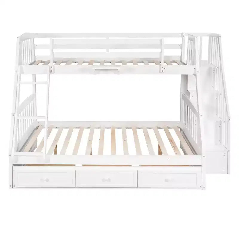 Lit superposé espresso, double sur intégral, avec escalier de rangement et tiroirs, 2 couchages