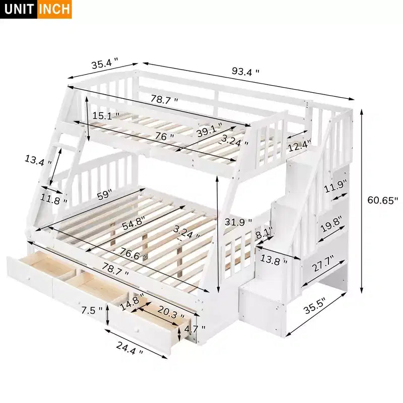 Lit superposé espresso, double sur intégral, avec escalier de rangement et tiroirs, 2 couchages