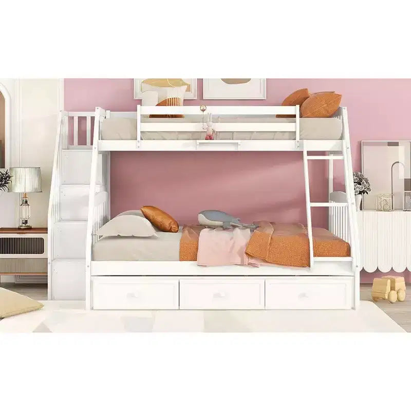 Lit superposé espresso, double sur intégral, avec escalier de rangement et tiroirs, 2 couchages