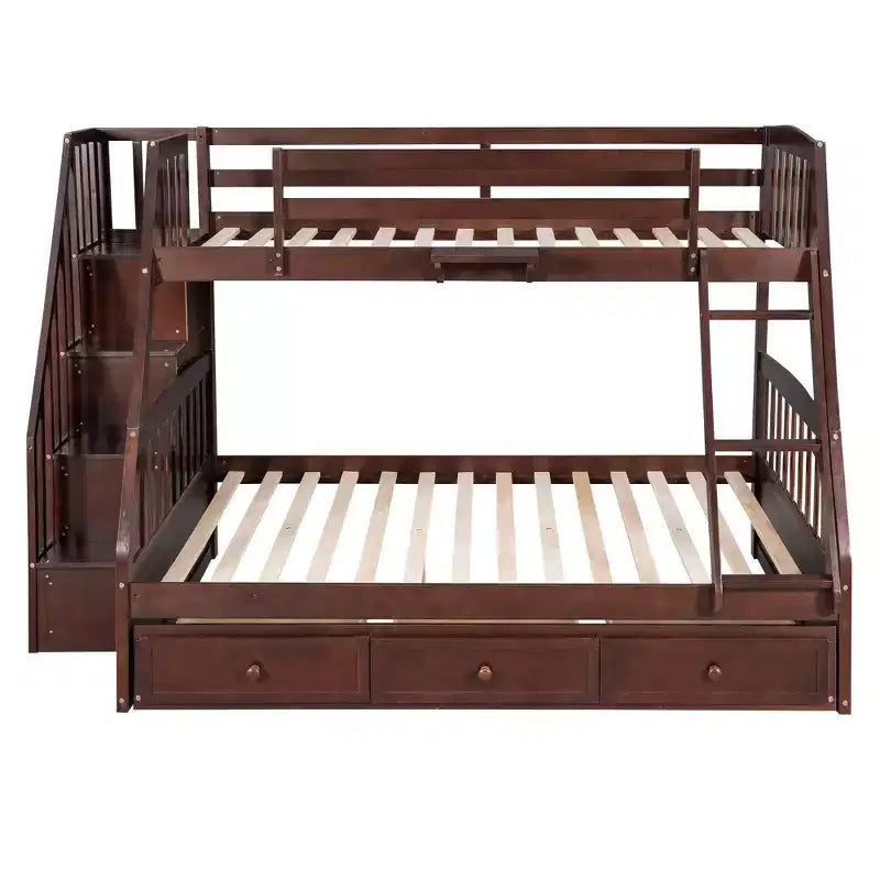 Lit superposé espresso, double sur intégral, avec escalier de rangement et tiroirs, 2 couchages