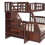 Lit superposé espresso, double sur intégral, avec escalier de rangement et tiroirs, 2 couchages