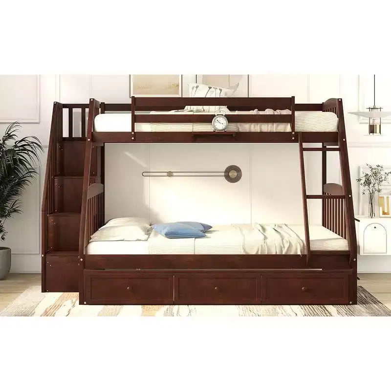 Lit superposé espresso, double sur intégral, avec escalier de rangement et tiroirs, 2 couchages