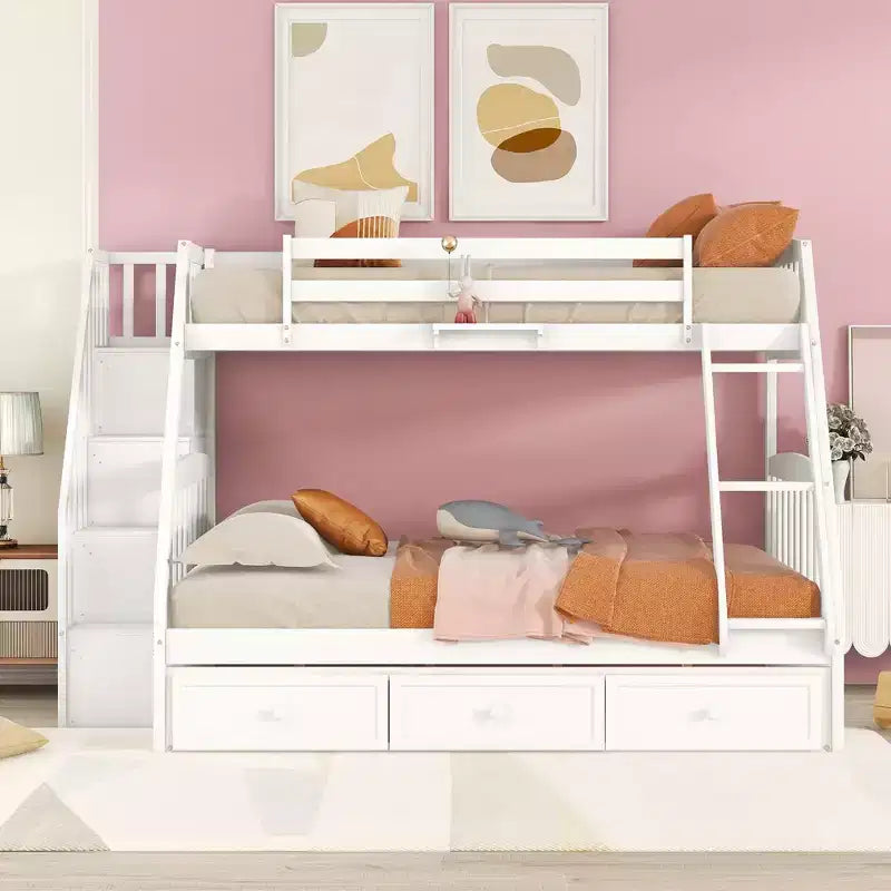 Lit superposé espresso, double sur intégral, avec escalier de rangement et tiroirs, 2 couchages