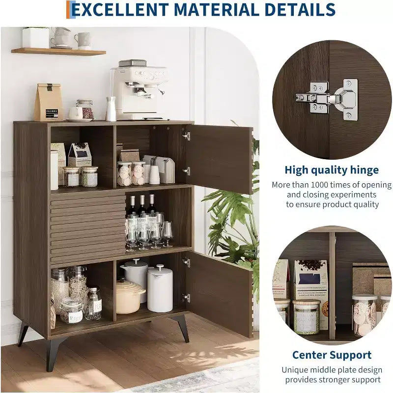 Couleur noire/noyer/bois – Meuble de rangement cannelé avec portes coulissantes, 3 étagères réglables, hauteur 109 cm