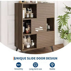 Couleur noire/noyer/bois – Meuble de rangement cannelé avec portes coulissantes, 3 étagères réglables, hauteur 109 cm