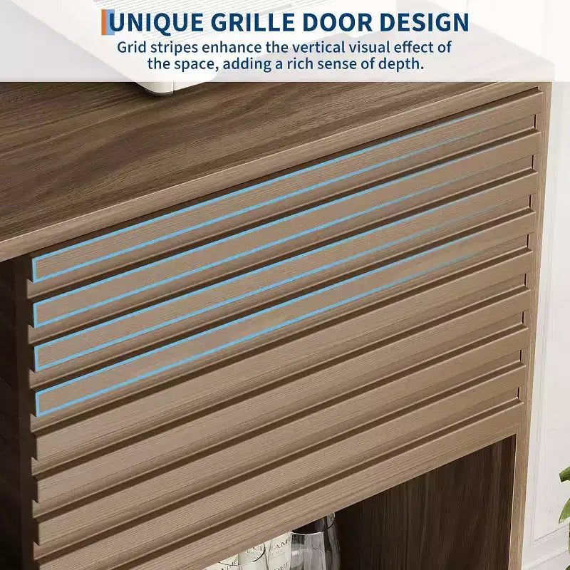 Couleur noire/noyer/bois – Meuble de rangement cannelé avec portes coulissantes, 3 étagères réglables, hauteur 109 cm