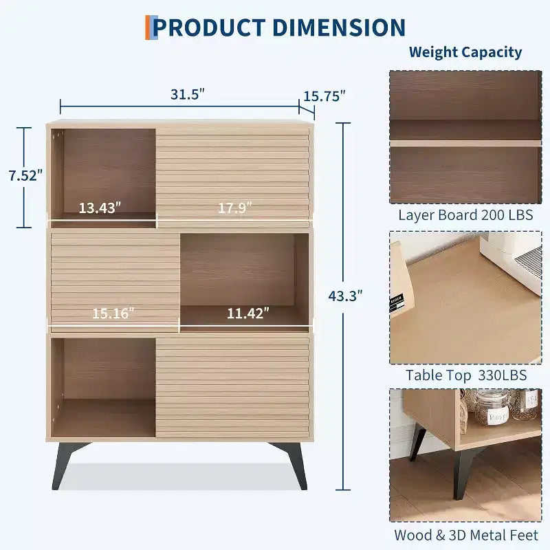 Couleur noire/noyer/bois – Meuble de rangement cannelé avec portes coulissantes, 3 étagères réglables, hauteur 109 cm