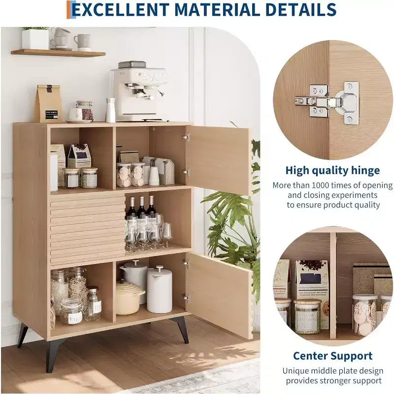 Couleur noire/noyer/bois – Meuble de rangement cannelé avec portes coulissantes, 3 étagères réglables, hauteur 109 cm