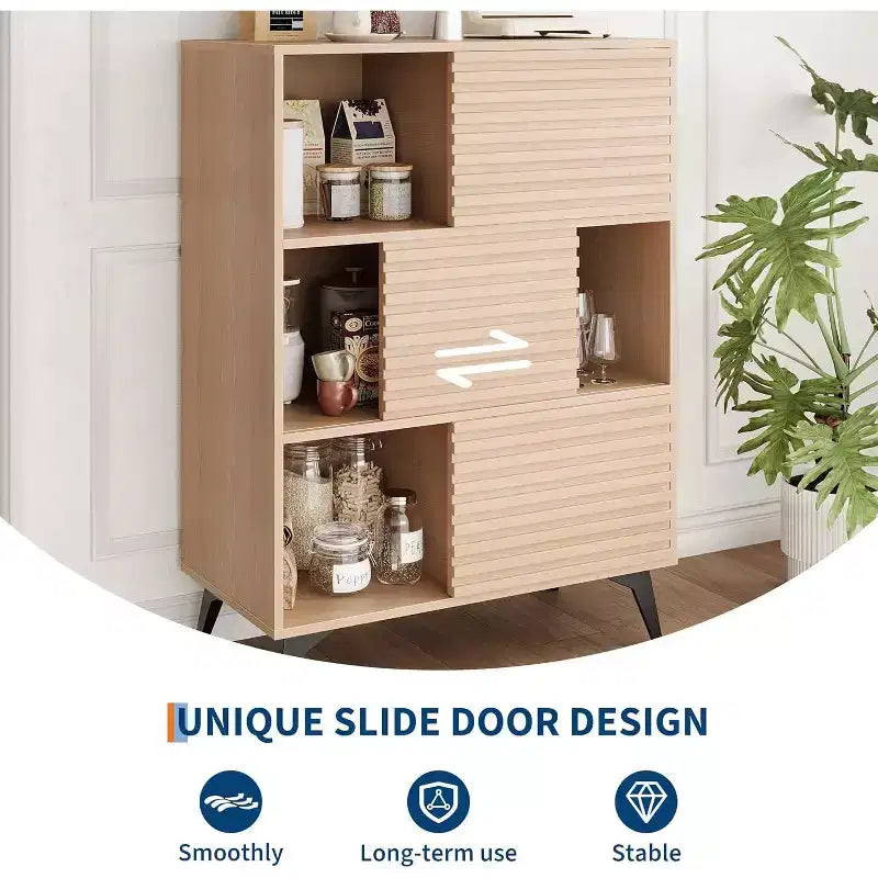 Couleur noire/noyer/bois – Meuble de rangement cannelé avec portes coulissantes, 3 étagères réglables, hauteur 109 cm