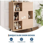Couleur noire/noyer/bois – Meuble de rangement cannelé avec portes coulissantes, 3 étagères réglables, hauteur 109 cm