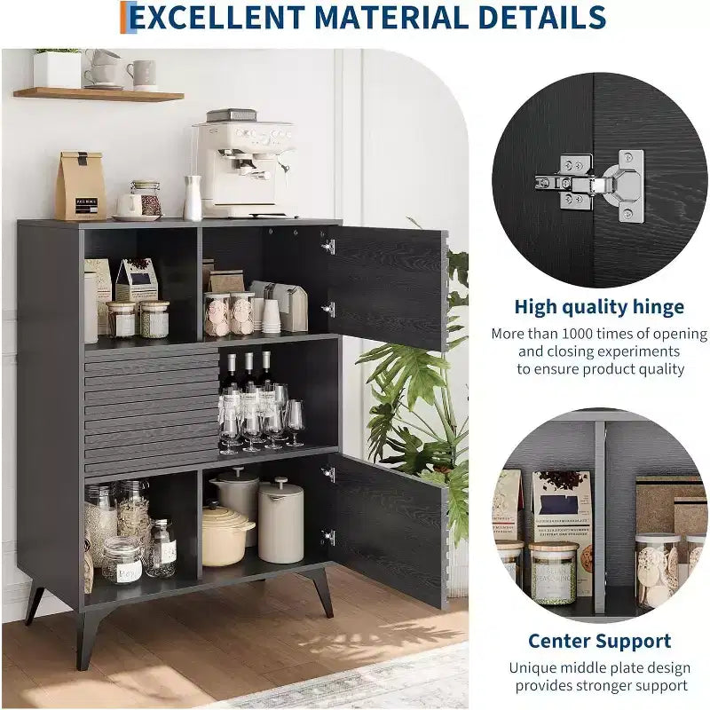 Couleur noire/noyer/bois – Meuble de rangement cannelé avec portes coulissantes, 3 étagères réglables, hauteur 109 cm
