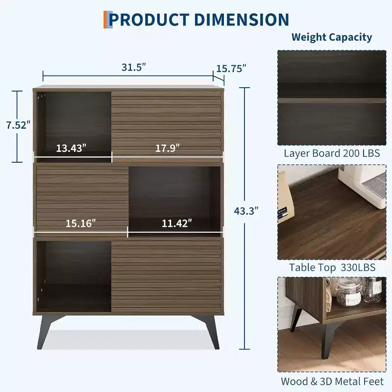 Couleur noire/noyer/bois – Meuble de rangement cannelé avec portes coulissantes, 3 étagères réglables, hauteur 109 cm