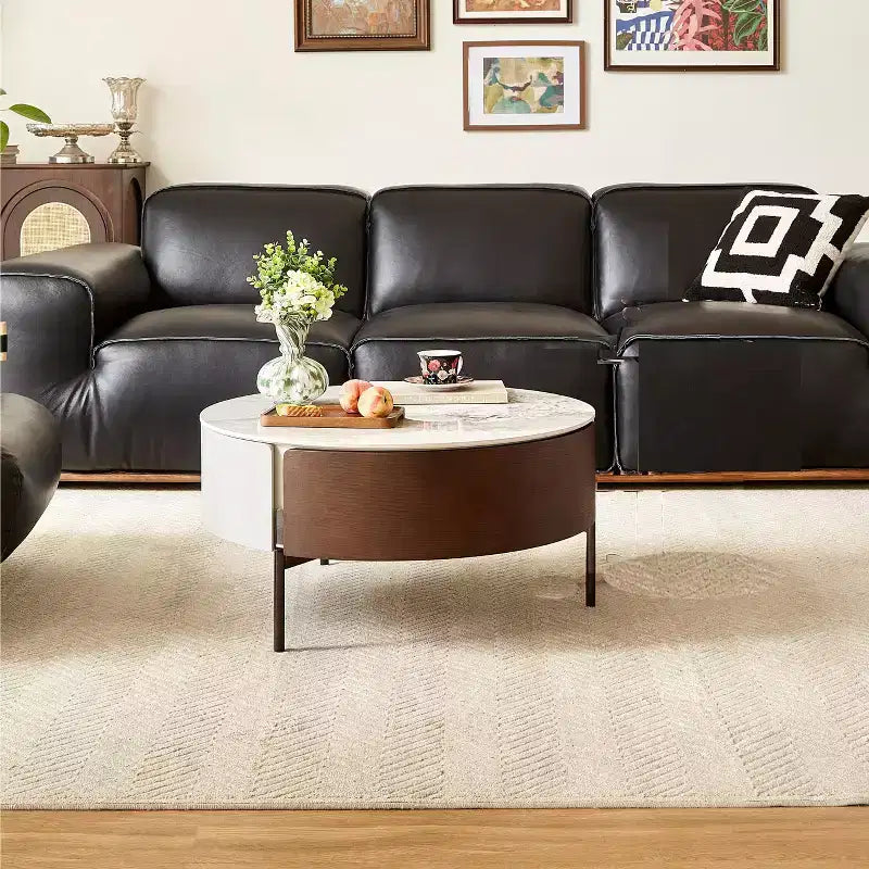 GDFStudio Eugene Modern 31.5 Wood and Ceramic Round Coffee Table with Drawers and Metal Legs
