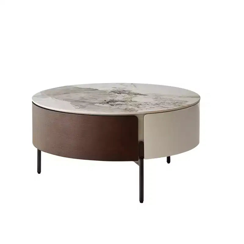 Table basse ronde en bois fumé avec tiroirs, plateau en pierre frittée et pieds en métal