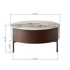 Table basse ronde en bois fumé avec tiroirs, plateau en pierre frittée et pieds en métal