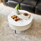 Table basse ronde en bois fumé avec tiroirs, plateau en pierre frittée et pieds en métal