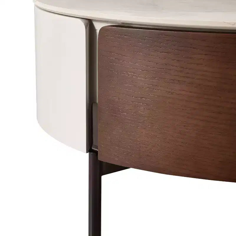 Table basse ronde en bois fumé avec tiroirs, plateau en pierre frittée et pieds en métal