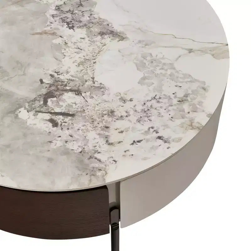 Table basse ronde en bois fumé avec tiroirs, plateau en pierre frittée et pieds en métal