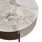 Table basse ronde en bois fumé avec tiroirs, plateau en pierre frittée et pieds en métal