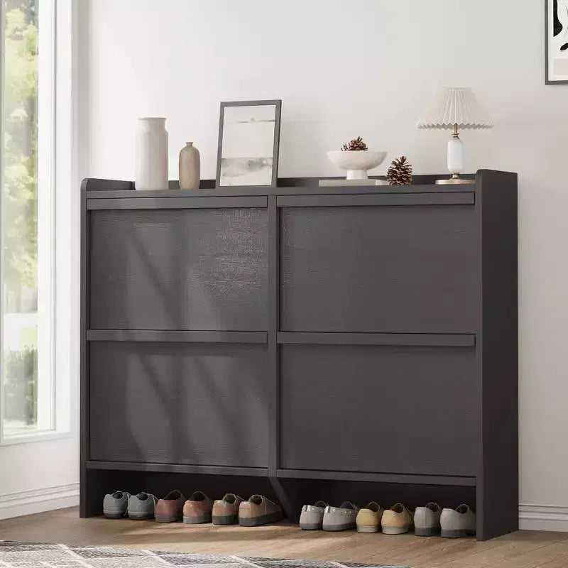 Wooden Shoe Cabinet with 4 Filp Drawers, 2-Tier Slim Shoe Rack with Adjustable and Removable Shelf