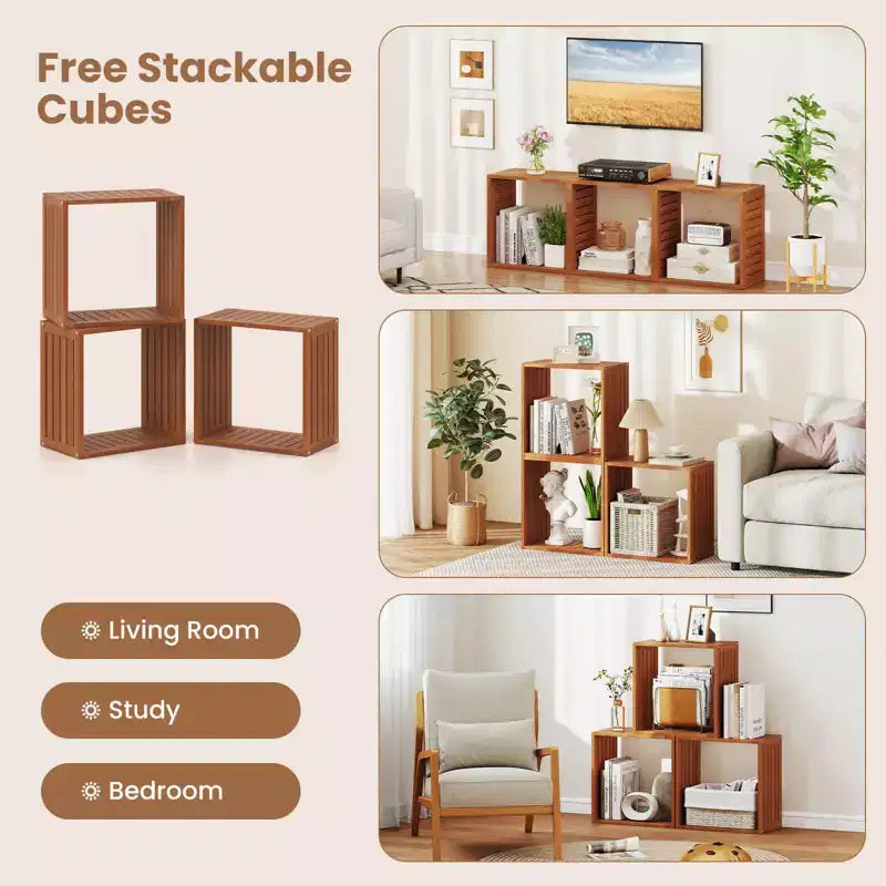 Organisateur de rangement empilable 3 cubes en teck, 1/2 pièces