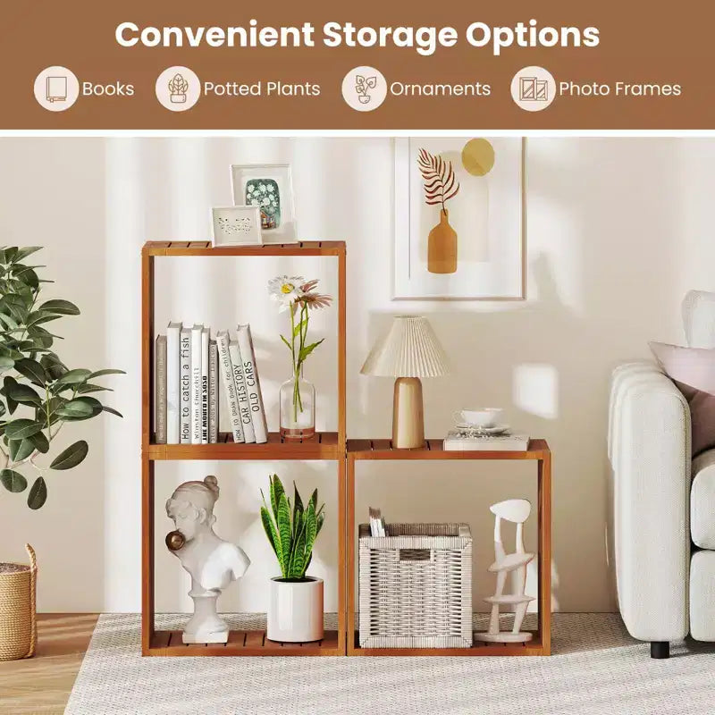 Organisateur de rangement empilable 3 cubes en teck, 1/2 pièces