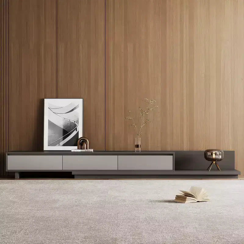Meuble TV extensible gris avec 3 tiroirs, 199,9 à 360 cm de large